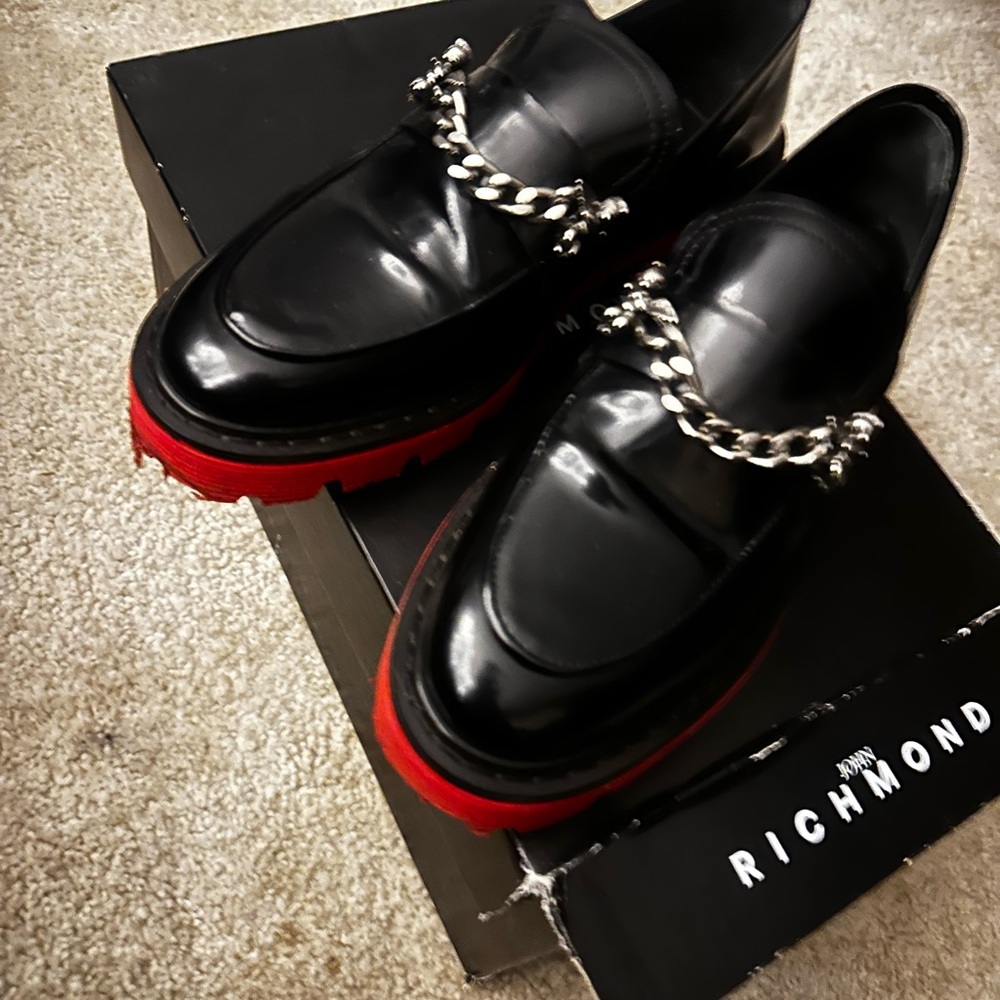 John Richmond women’s Black Loafers with red sole EUC